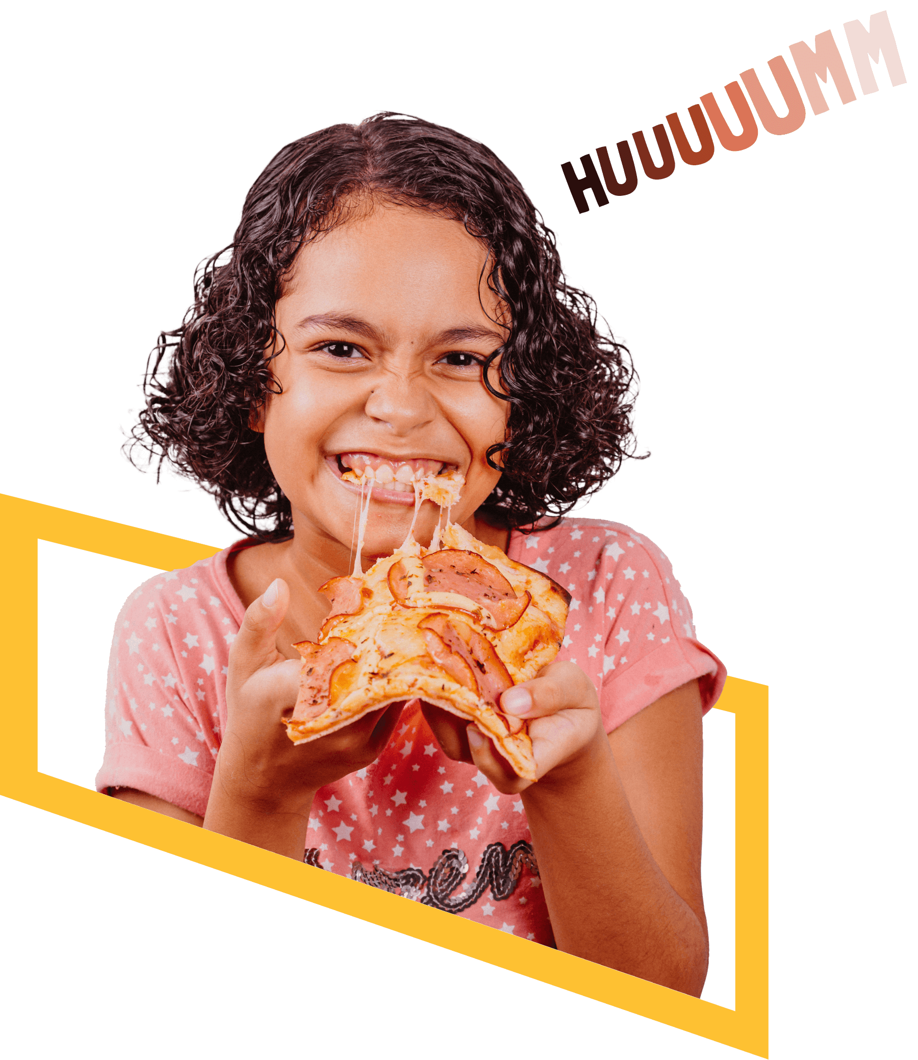 Menina comendo uma fatia de pizza